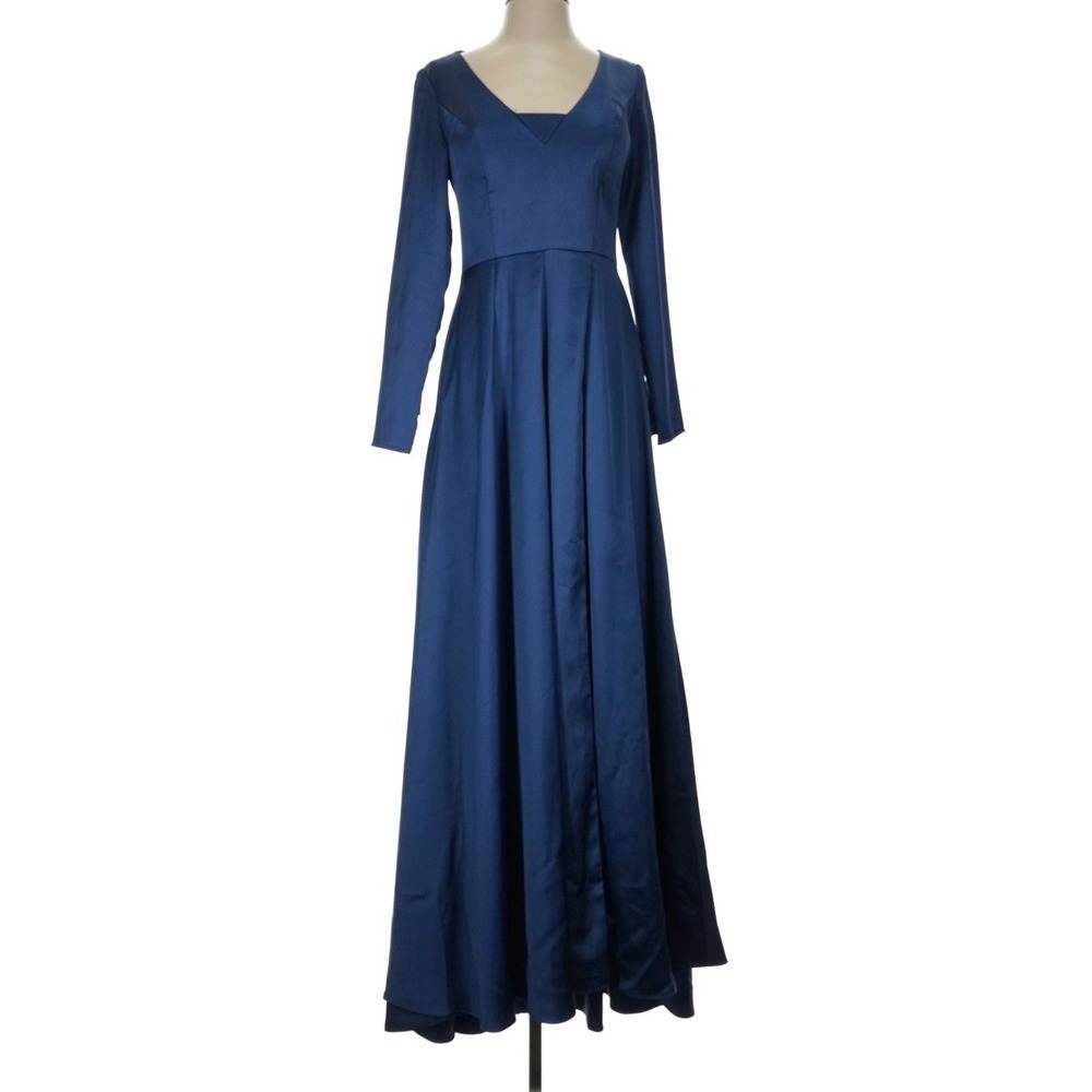 Ieena‎ For Mac Duggal Navy Satin Gown Womens 4 Long Sleeve V Neck Maxi Formal